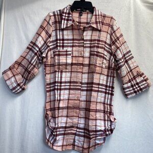101 Ocean Parkway Plaid Collared Roll Tab Sleeve Shirt Women Medium Pink Multi